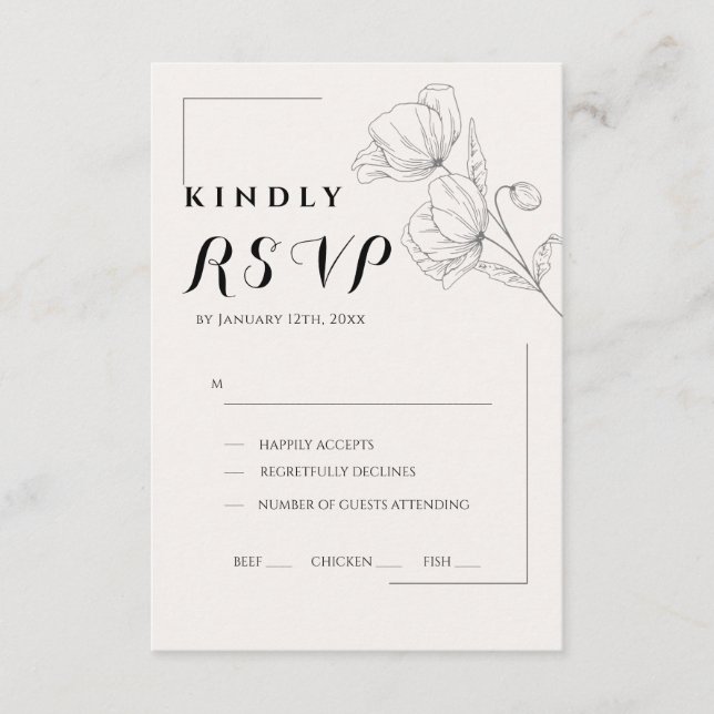 Minimalist Floral Line Art Wedding RSVP Card (Vorderseite)