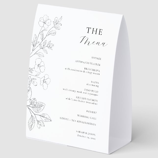Minimalist Floral Wedding Table Menu Sign Tischaufsteller (Vorderseite)