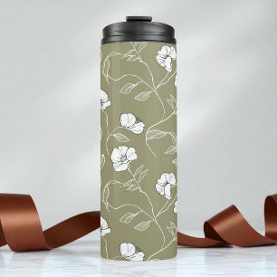 Minimalist Floral Weiß Botanisch Olivgrün Thermosbecher