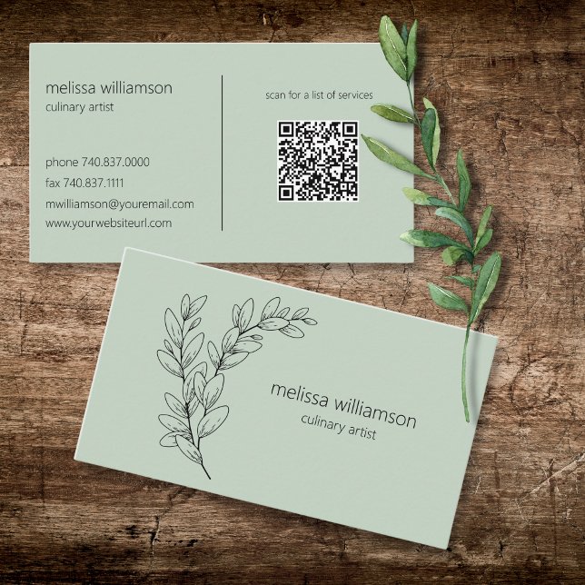 Minimalist Foliage on Sage Green with QR Code  Visitenkarte (Von Creator hochgeladen)