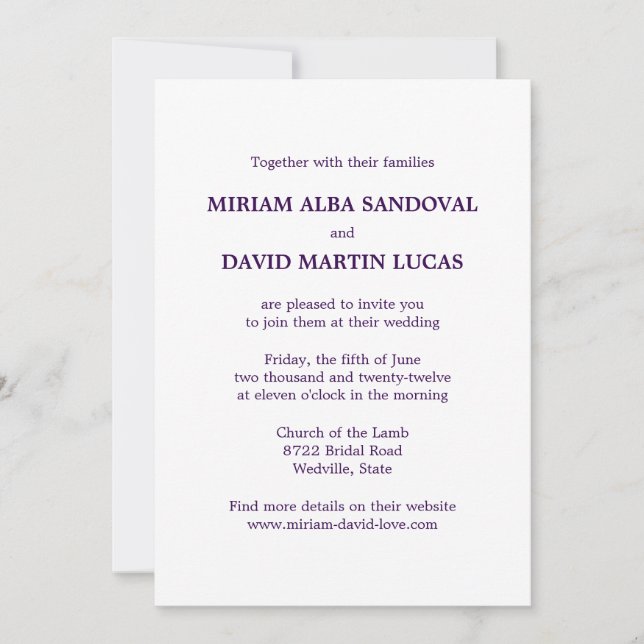 Minimalist Formal Purple Text Wedding Invitation (Devant)