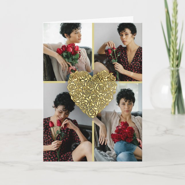Minimalist Gold Rose Heart Photo Collage Custom Karte (Vorderseite)