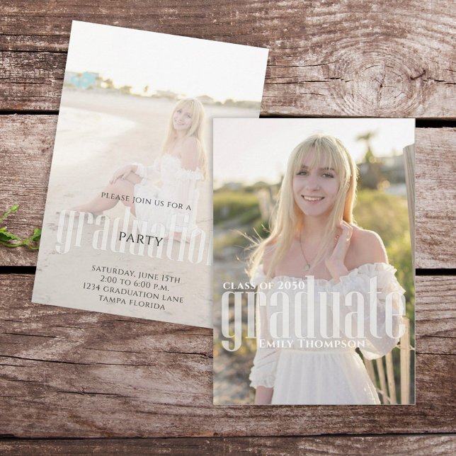 Minimalist Graduate Simple Modern Two Photo Einladung (Graduate modern typography style elegant 2 photo template invitation. )