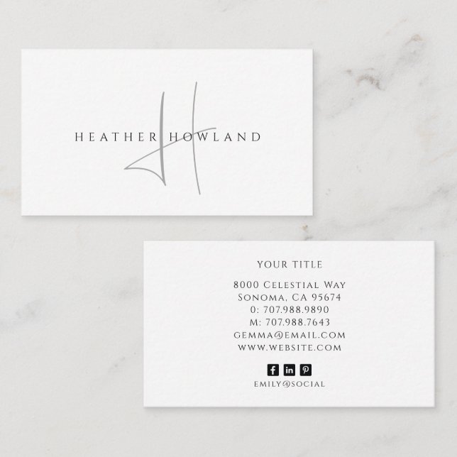Minimalist Grau Script Monogramm Name  Visitenkarte (Vorne/Hinten)