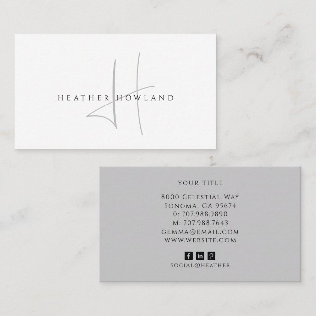 Minimalist Grau Script Monogramm Name   Visitenkarte (Vorne/Hinten)