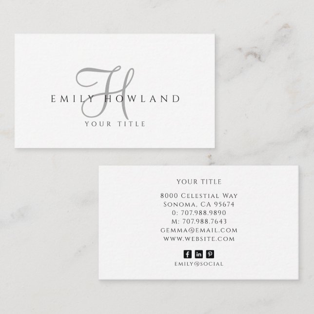 Minimalist Graues Skript-Monogramm-Name  Visitenkarte (Vorne/Hinten)