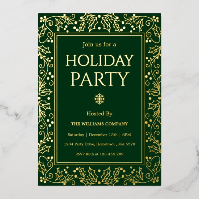 Minimalist Green & Gold Holiday Gathering Folieneinladung (Vorderseite)