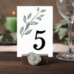 Minimalist Greenery Wedding Table Number Card Tischnummer<br><div class="desc">Add a refined and organized touch to your reception tables with these minimalist botanical wedding table number cards. Featuring a soft sage green watercolor leaf branch and a clean, modern layout, this design blends natural elegance with timeless simplicity. The delicate greenery illustration creates a graceful accent while the bold table...</div>