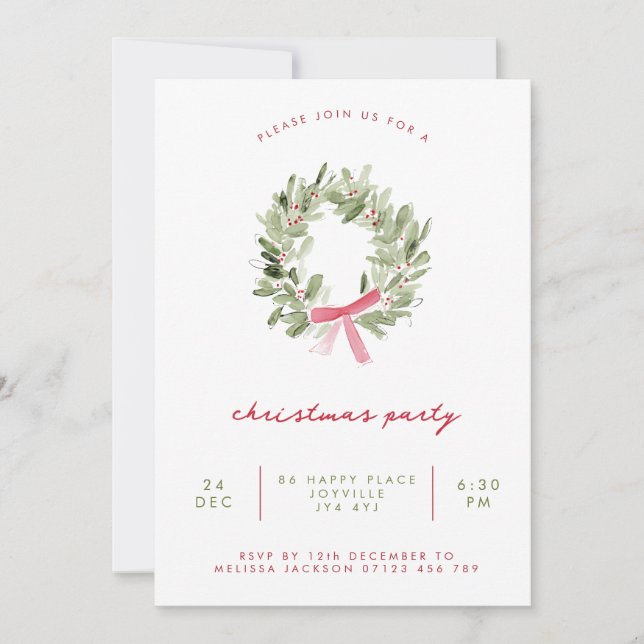 Minimalist Greenery Wreath & Bow Christmas Party Einladung (Vorderseite)