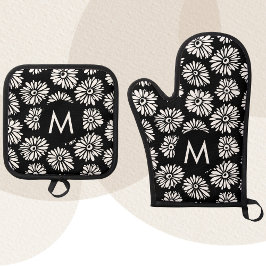 Minimalist Groovy Black and White Daisy Monogram Ofenhandschuh & Topflappen-Set