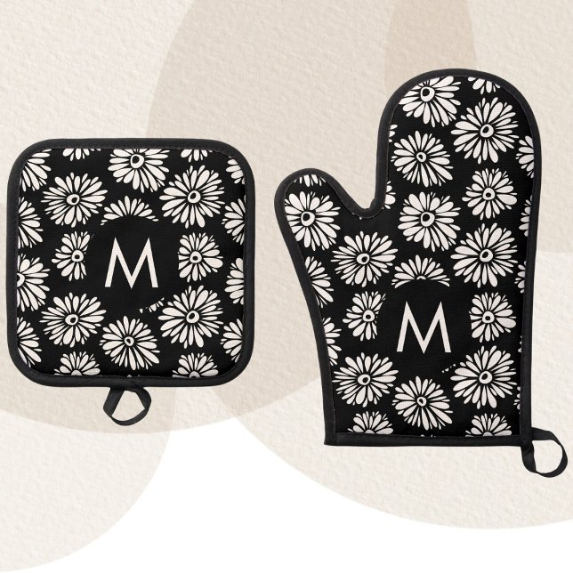 Minimalist Groovy Black and White Daisy Monogram Ofenhandschuh & Topflappen-Set (Von Creator hochgeladen)