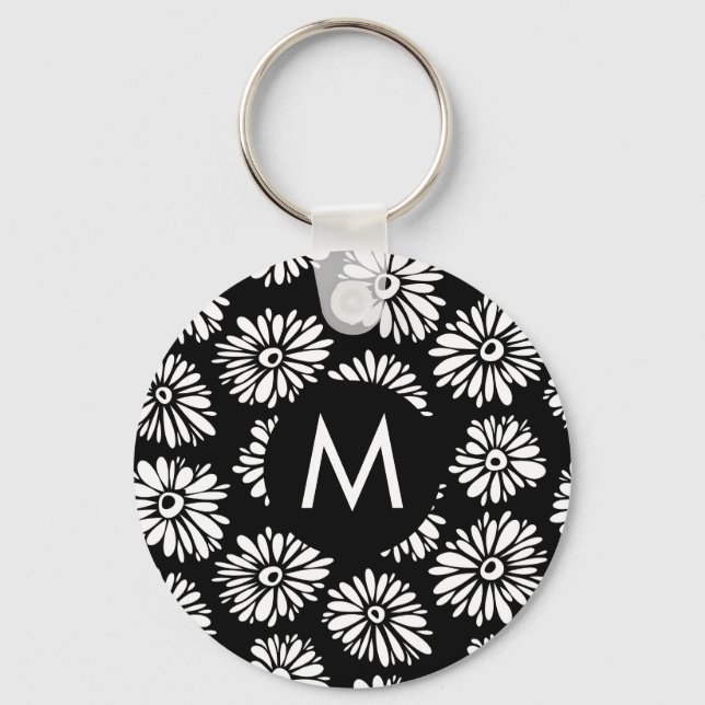 Minimalist Groovy Black and White Daisy Monogram Schlüsselanhänger (Vorderseite)