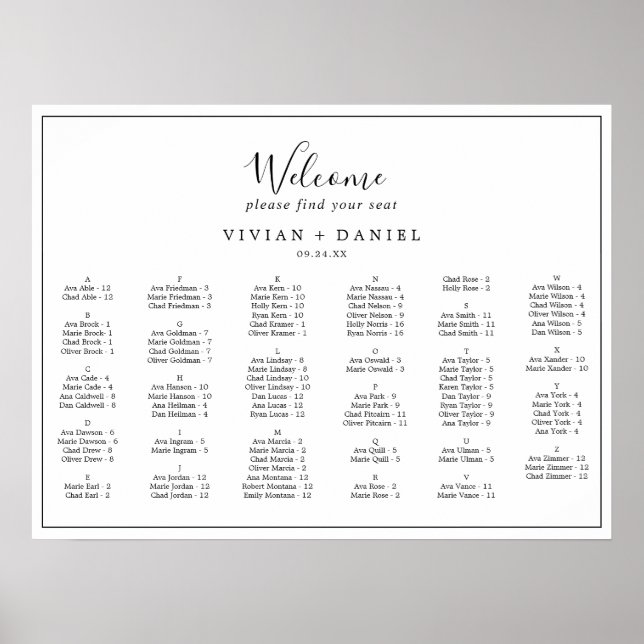 Minimalist Horizontal Alphabetical Seating Chart Poster (Vorne)
