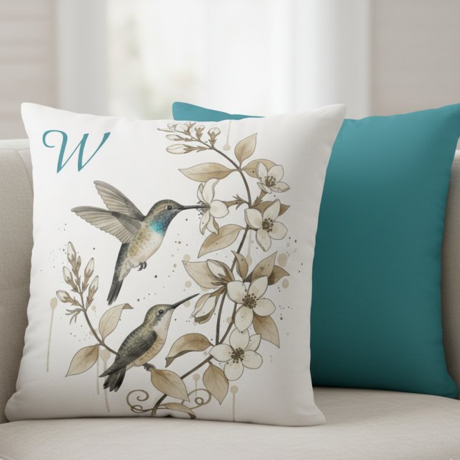 Minimalist Hummingbird & Floral Decorative Pillow Kissen (Hummingbird monogram decorative pillow)