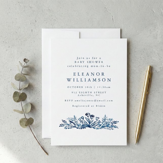 Minimalist Indigo Blue Ink Botanical Baby Shower Einladung (Von Creator hochgeladen)