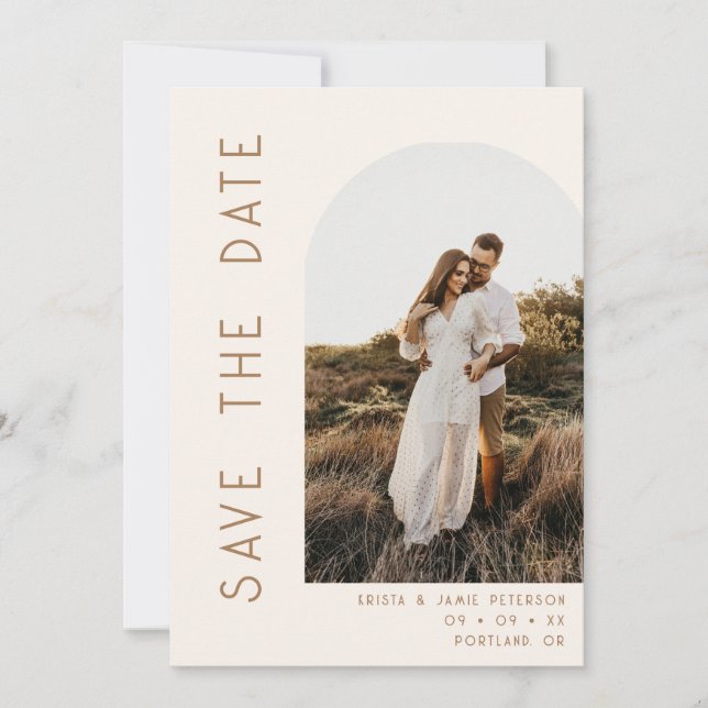 Minimalist Ivory & Tan Arch Photo QR Code Wedding Save The Date (Vorderseite)