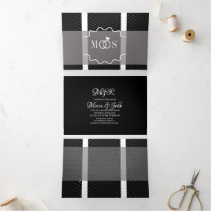 Minimalist Karo grau weiß Ring Logo Hochzeit Dreifach Gefaltete Einladung