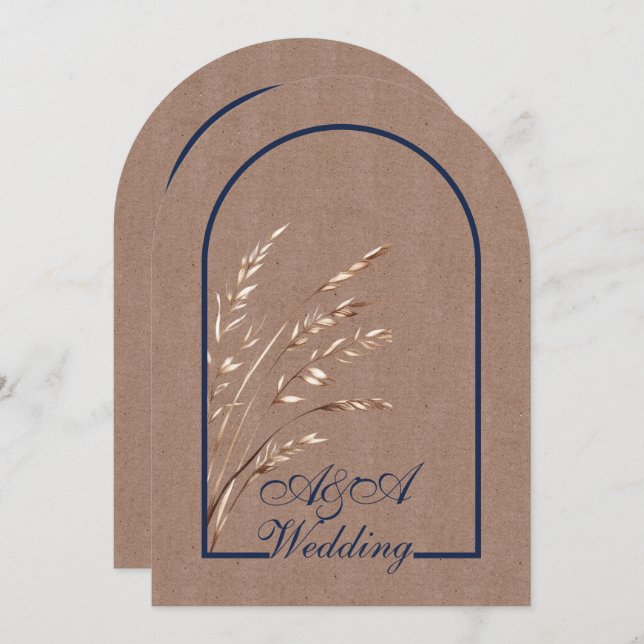 Minimalist Light Brown and Navy Arch Wedding  Einladung (Vorne/Hinten)