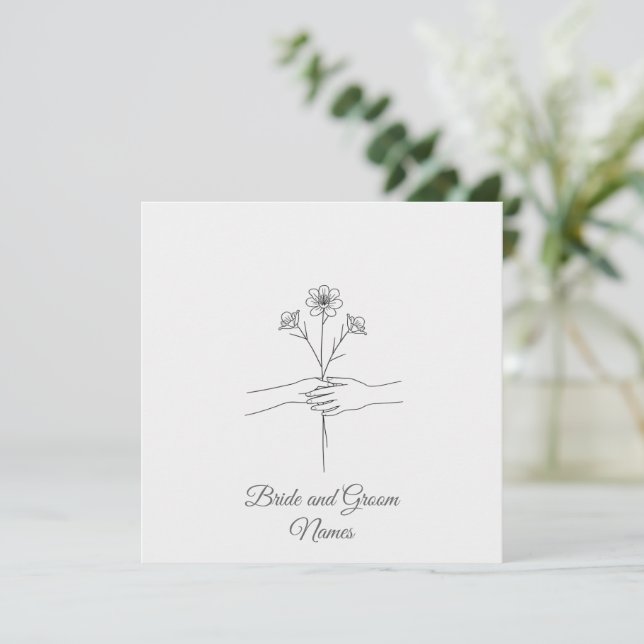 Minimalist Line Art Hands holding Flowers Wedding  Save The Date (Stehend Vorderseite)