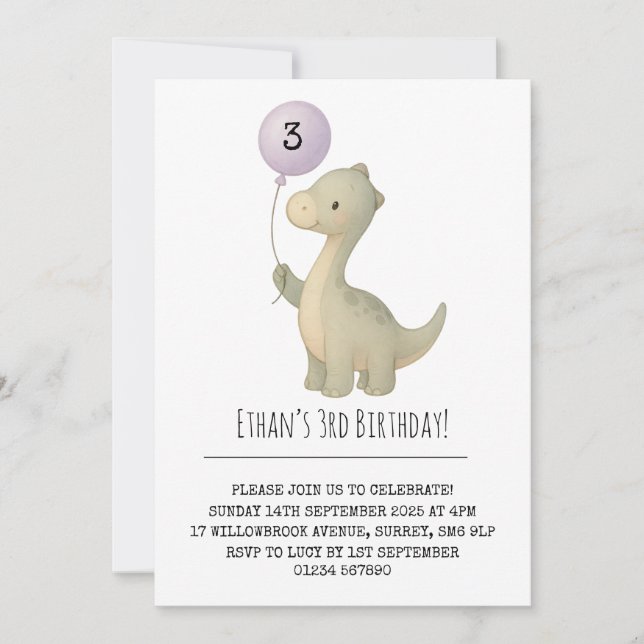 Minimalist Long-Neck Dino with Balloon Birthday Einladung (Vorderseite)