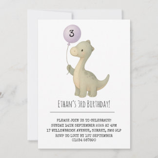 Minimalist Long-Neck Dino with Balloon Birthday Einladung