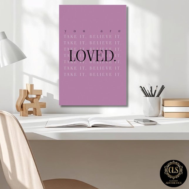 Minimalist Love Quote Poster Print - berry (closeup of office desk and Minimalist Love Quote Poster Print in berry on wall)