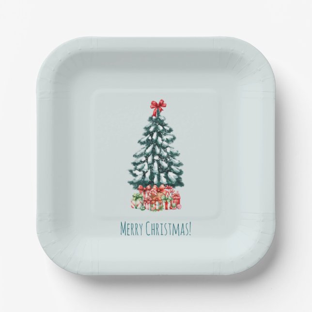 Minimalist Merry Christmas Snowy Tree Pappteller (Vorderseite)