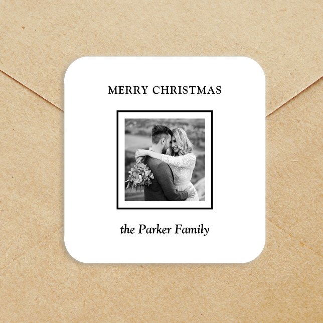 Minimalist Modern Black and White Photo Christmas Quadratischer Aufkleber (Von Creator hochgeladen)