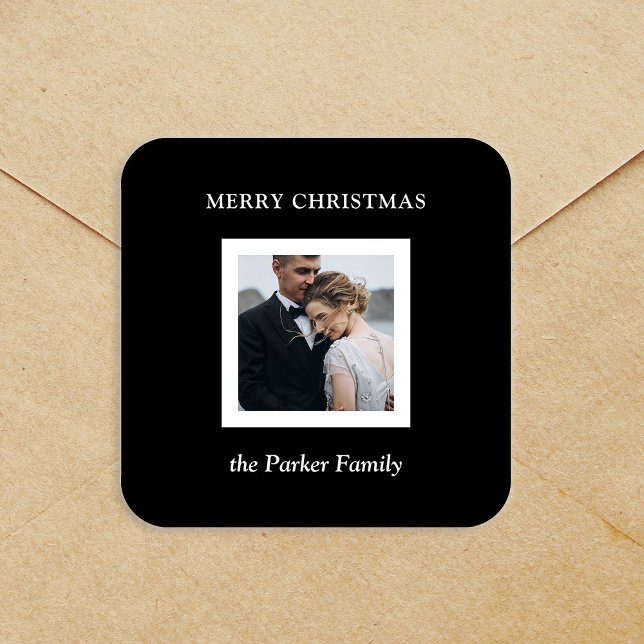 Minimalist Modern Christmas Black with Photo Quadratischer Aufkleber (Von Creator hochgeladen)