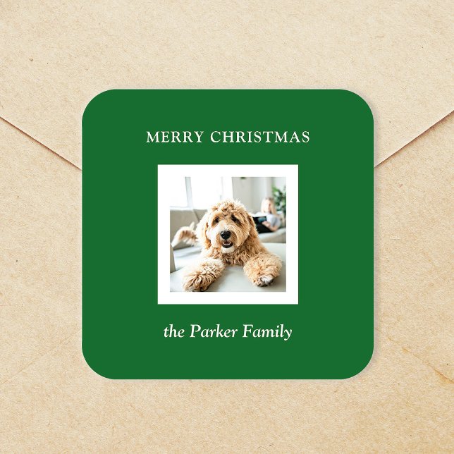 Minimalist Modern Christmas Green with Photo Quadratischer Aufkleber (Von Creator hochgeladen)