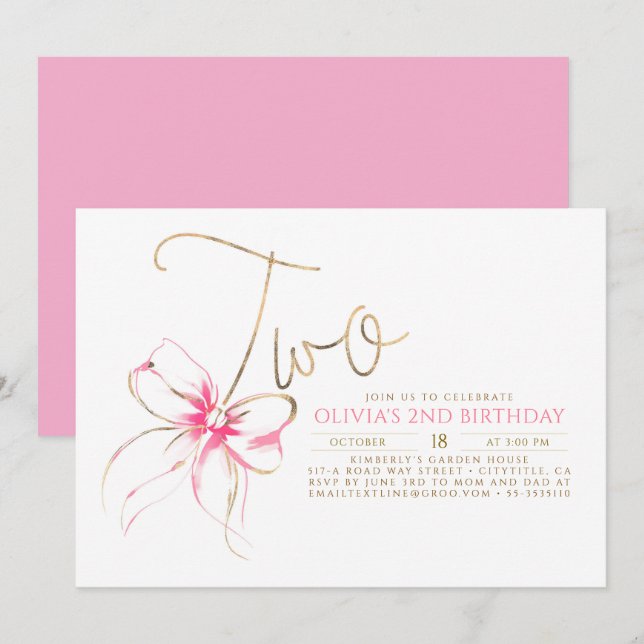 Minimalist Modern Elegant Pink Bow 2nd Birthday Einladung (Vorne/Hinten)