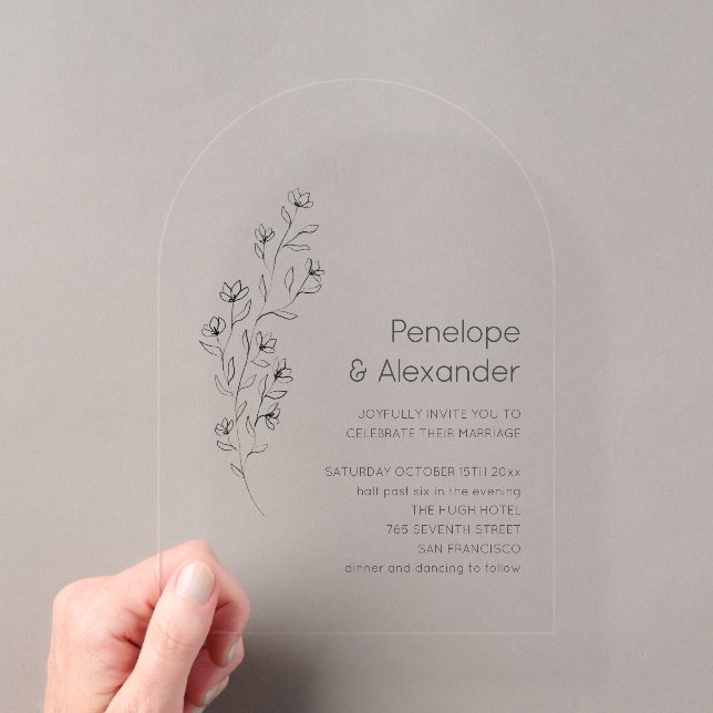 Minimalist Modern Floral Sketch Elegant Wedding Acryleinladungen (Insitu (Handheld))