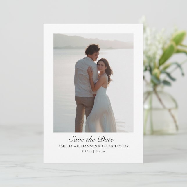 Minimalist Modern Large Photo Classic Script Save The Date (Stehend Vorderseite)