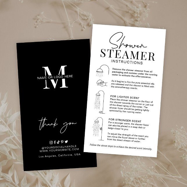 Minimalist Modern Logo Shower Steamer Care Guide Visitenkarte (Shower Steamer care instructions cards with icons, modern layout and space for your brand details)