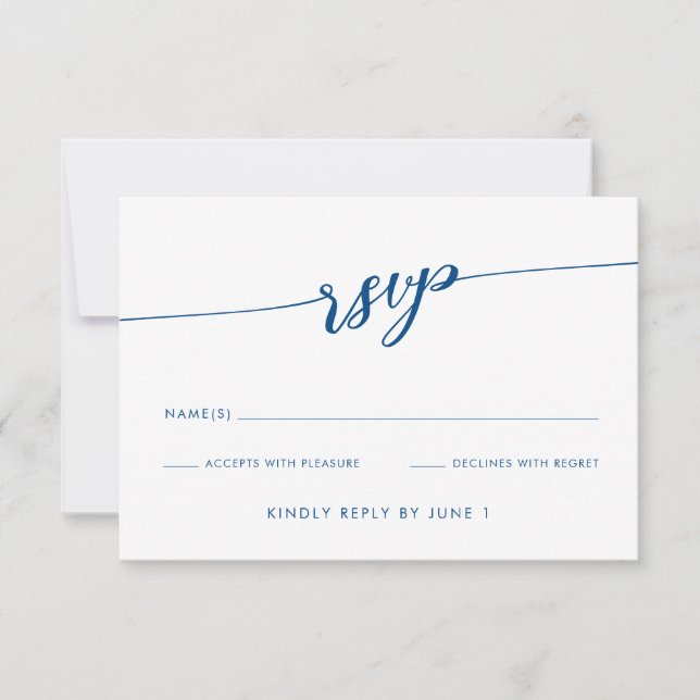 Minimalist Modern Navy Blue Script RSVP Card (Vorderseite)