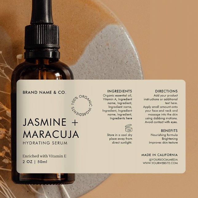 Minimalist Modern Organic Cosmetic Dropper Bottle (Modern 2 OZ* cosmetic bottle wrap around label with fully editable text and colors *verify size)