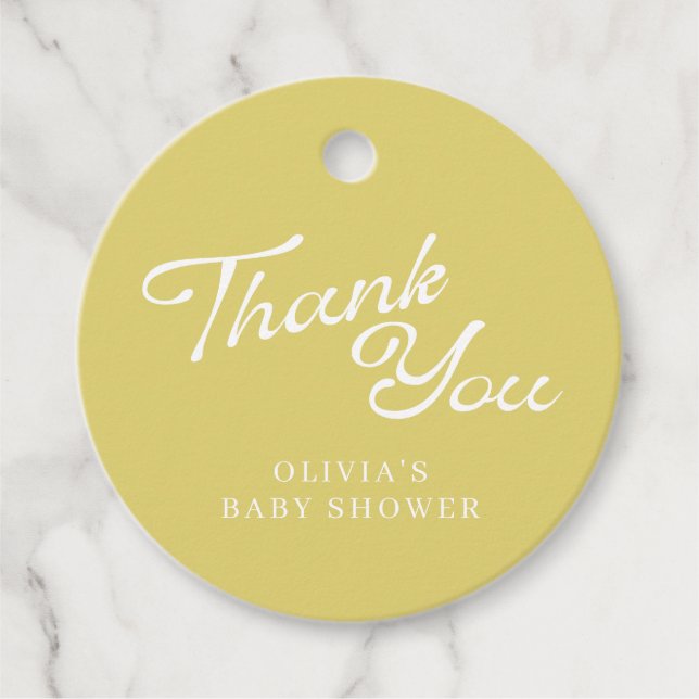 Minimalist Modern Yellow Retro Script Baby Shower Geschenkanhänger (Vorderseite)