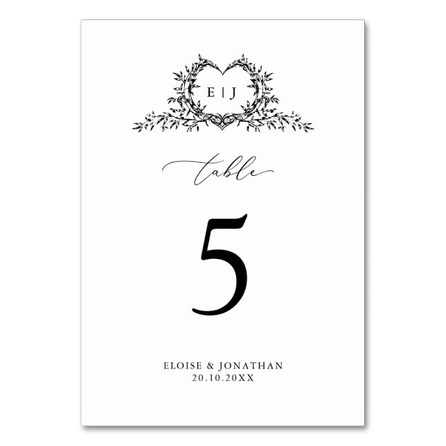 Minimalist Monogram Calligraphy Crest Wedding Tischnummer (Vorderseite)