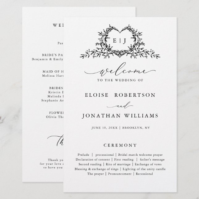 Minimalist Monogram Calligraphy Wedding Program (Vorne/Hinten)