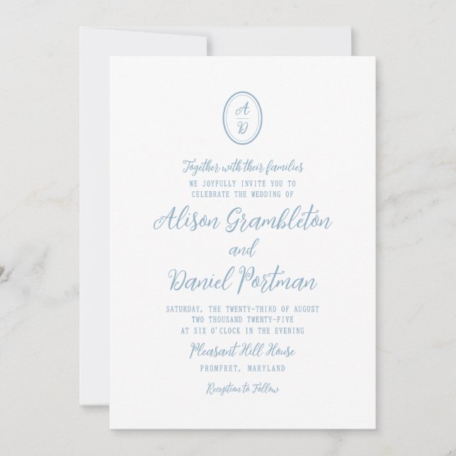 Minimalist Monogram Dusty Blue Wedding Invitation Einladung (Vorderseite)