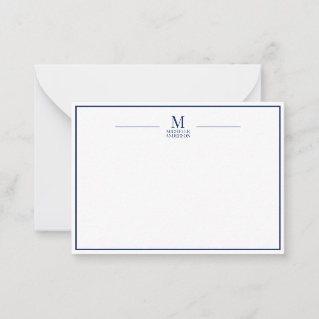Minimalist Monogram Name Boarder Navy & White Mitteilungskarte (Vorderseite)