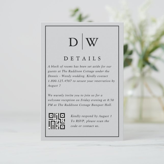 Minimalist Monogram Wedding QR Code Enclosure Card Begleitkarte (Stehend Vorderseite)