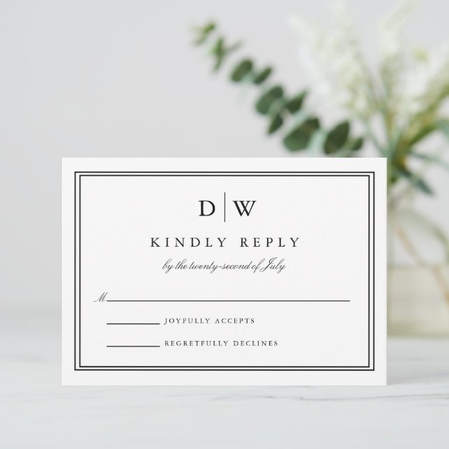 Minimalist Monogram Wedding RSVP Karte (Stehend Vorderseite)