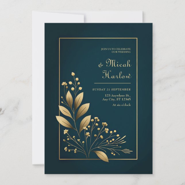 Minimalist Navy and Gold Botanical Wedding Einladung (Vorderseite)