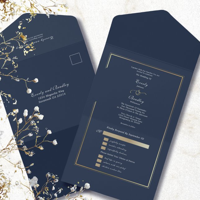 Minimalist Navy Background Gold Frame Wedding  All In One Einladung (Von Creator hochgeladen)