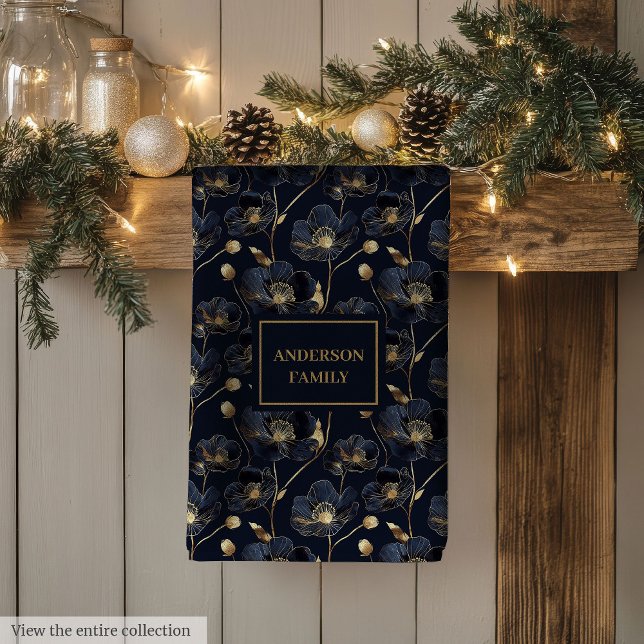 Minimalist Navy Towel Gold Flowers Monogram Touch Geschirrtuch (Minimalist Navy Towel Gold Flowers Monogram Touch)