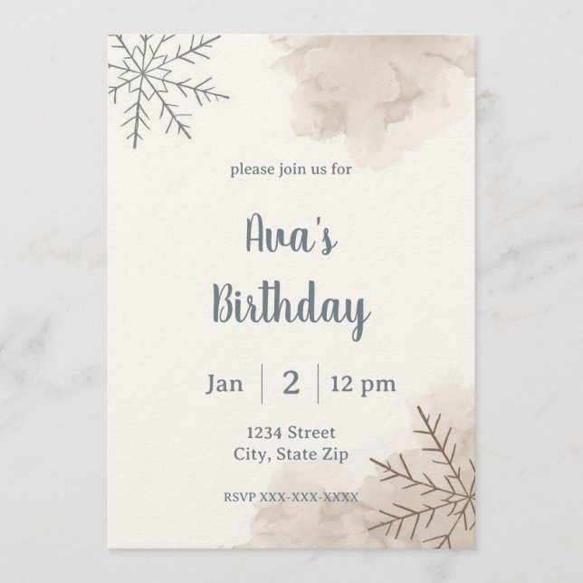 Minimalist Neutral Winter Birthday Invitation (Devant)