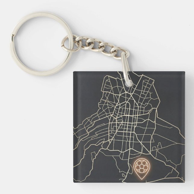 Minimalist NYC Soccer Map Pin Line Art Schlüsselanhänger (Vorderseite)