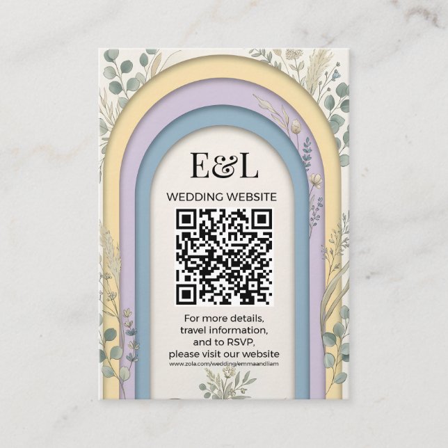 Minimalist Pastel Arch Botanical QR Code Wedding Begleitkarte (Vorderseite)