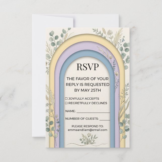 Minimalist Pastel Arch Frame Botanical Wedding RSVP Karte (Vorderseite)